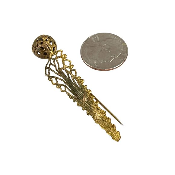 Art Deco Gold Tone Filigree Hat Pin Brooch With Ornate Design & Sphere Top - Picture 5 of 8